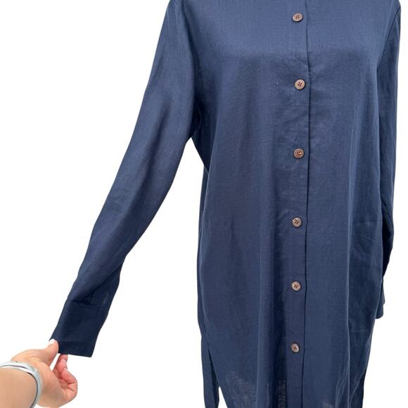Go Silk Navy Blue 100% Linen Long Sleeves Button Front Shift Shirt Dress - Picture 5 of 13